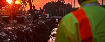 Pracownik na tle zachodzącego słońca