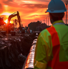 Pracownik na tle zachodzącego słońca